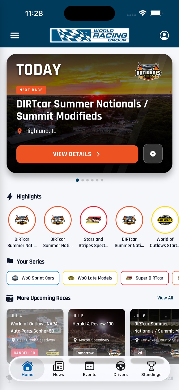 World Racing Group app home screen showing tonight's DIRTcar Summer Nationals race at Highland, Illinois with live timing and series selections
