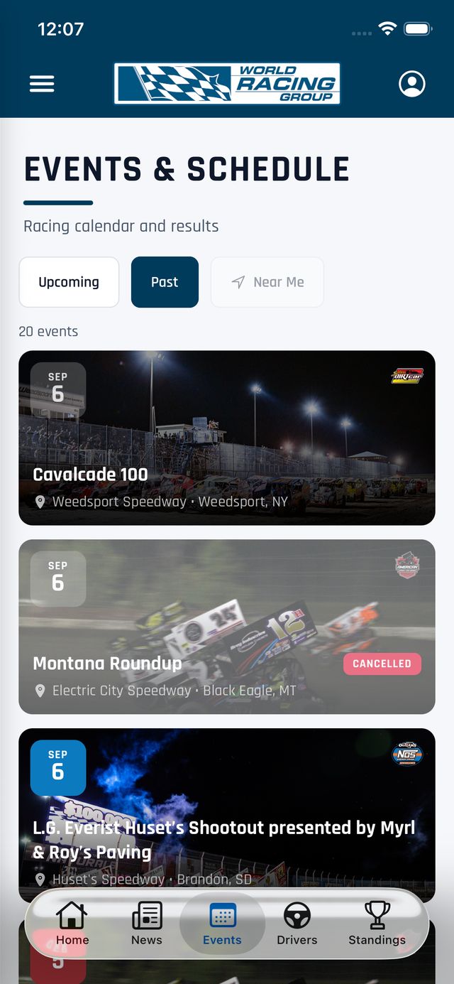 Events and schedule screen with upcoming, past, and near-me filters and a list of race nights