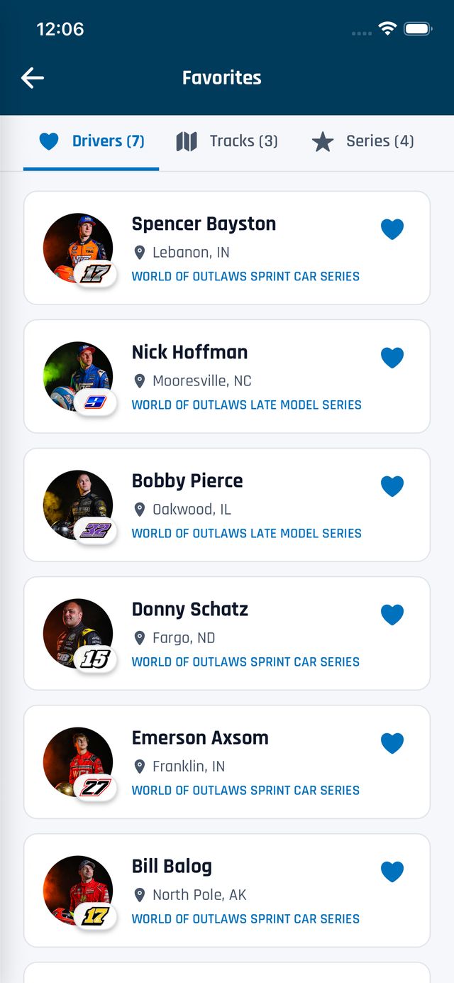 Favorites screen listing followed drivers with their hometowns and series
