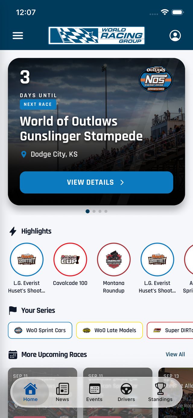 World Racing Group app home screen: countdown to the next World of Outlaws race, highlights, and your series