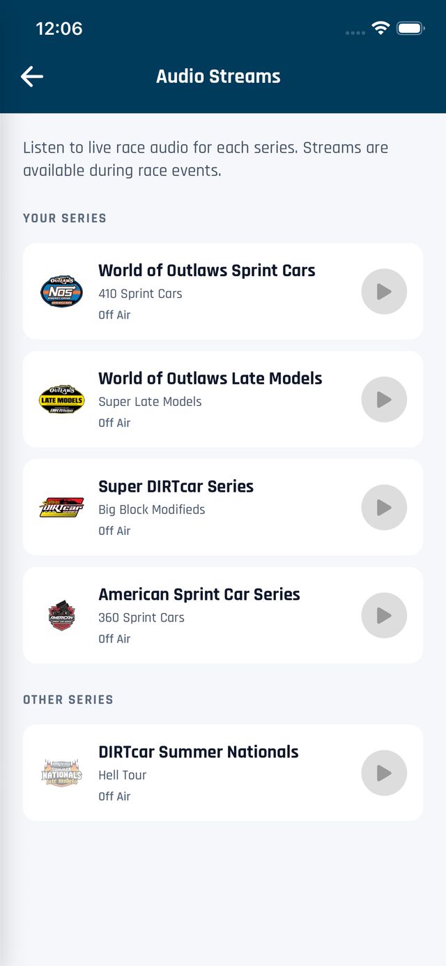 Audio Streams screen listing live race audio for each series