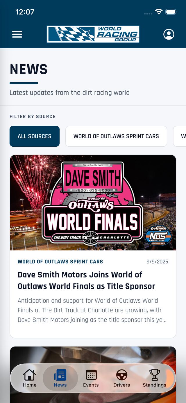 News screen with a World of Outlaws story and a filter by series